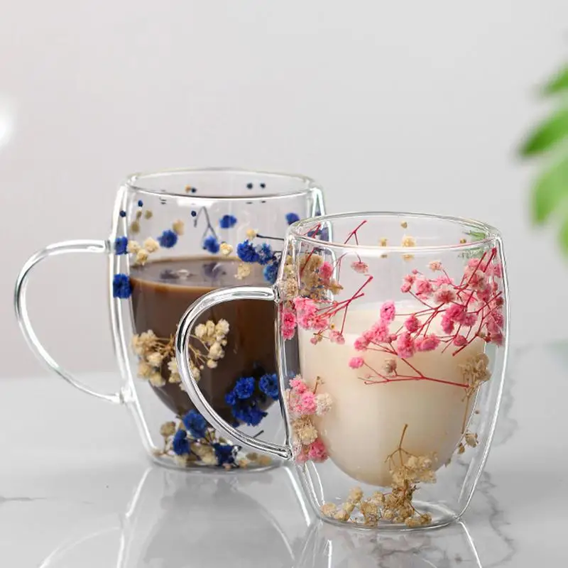 Dry Flowers Double Wall Glass Cup Glass Tea Cups Double Wall Insulated Coffee Mugs Safe and Decorative Flowers Double Insulated