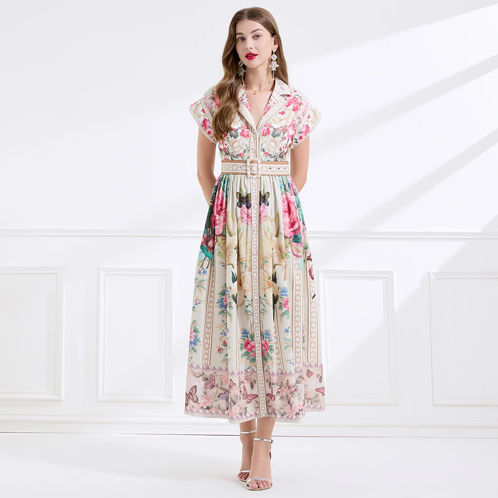 Elegant Summer Bohemian Floal Maxi Dress Shirt Women Palace Suit Collar Short Sleeve Print Bird Holiday Beach Long Dresses Belt