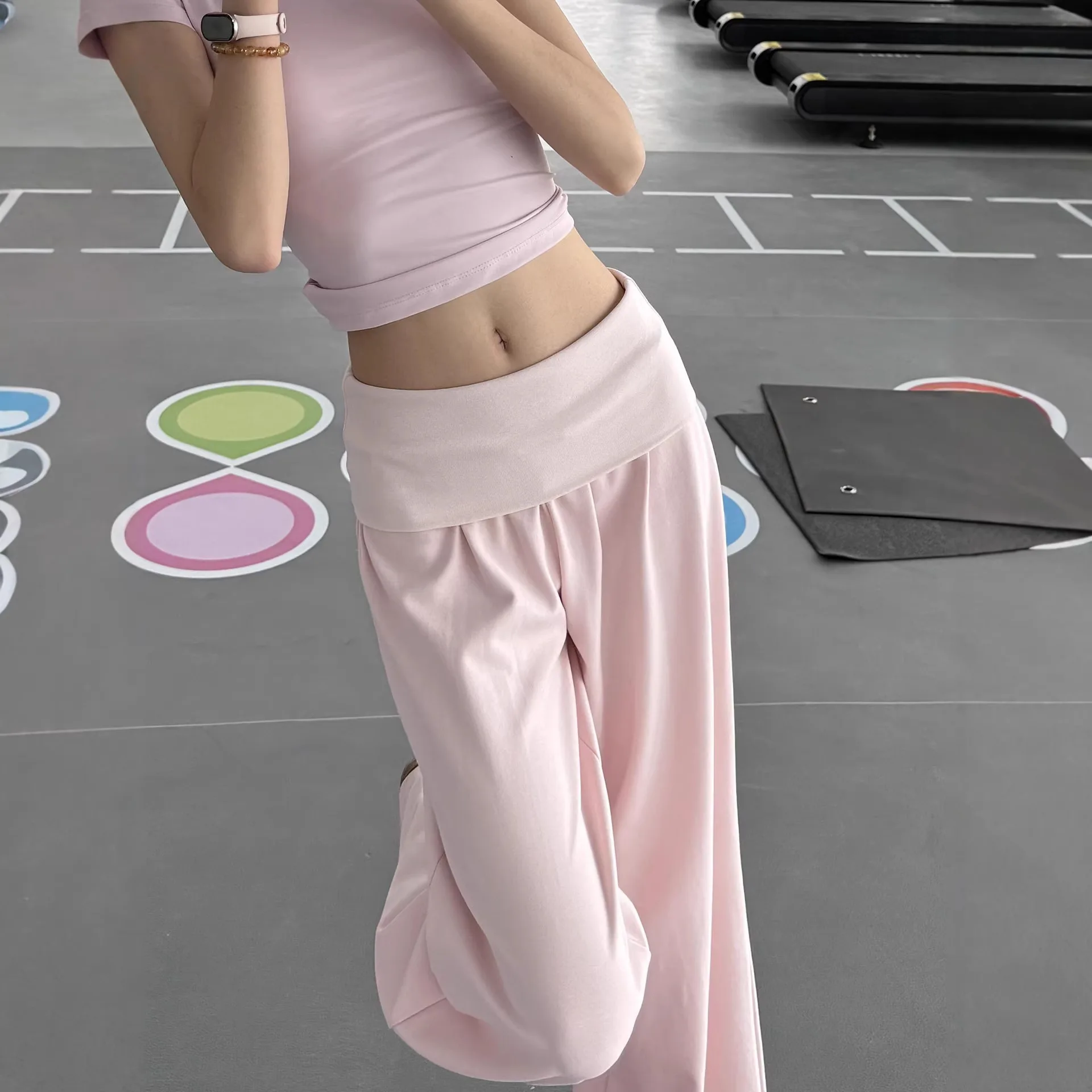 American Style Pink Fold-Over Waist Wide Leg Pants Draping Slim-Fit Yoga Workout Pants Stretchy Comfy Loungewear Trousers