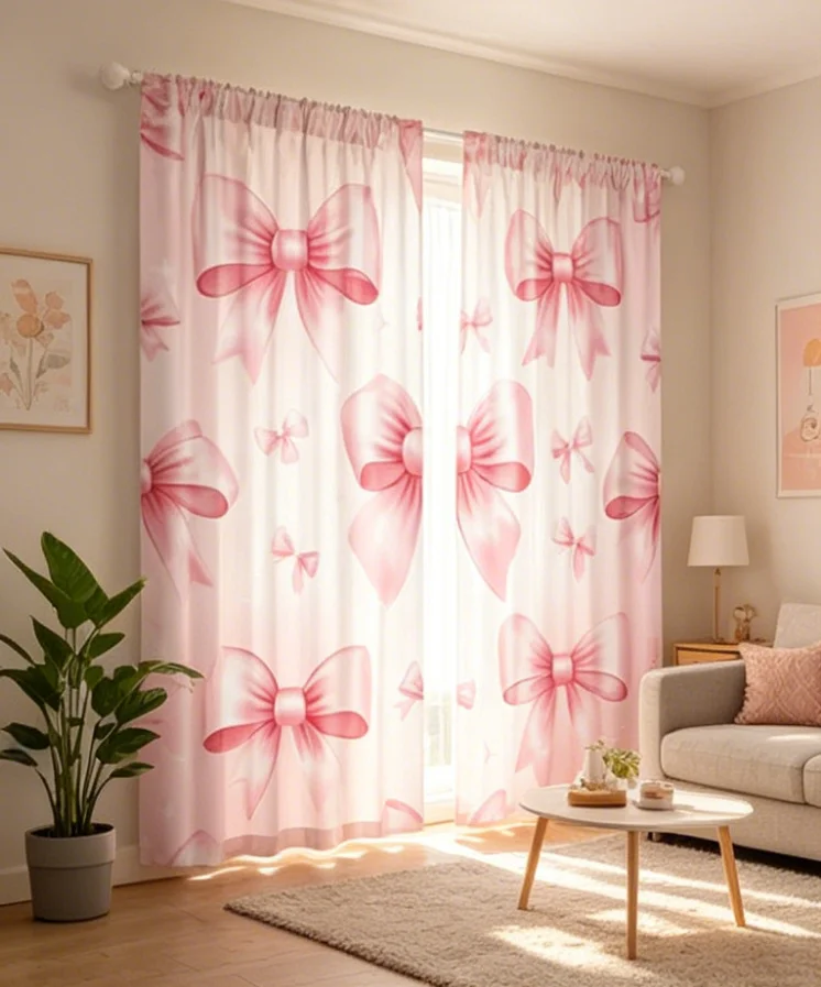 2PCS Digital Printed Curtains, Pearl Pink Bow Pattern, Elegant Girly Romantic Style for Living Room Bedroom Girls Room Decor
