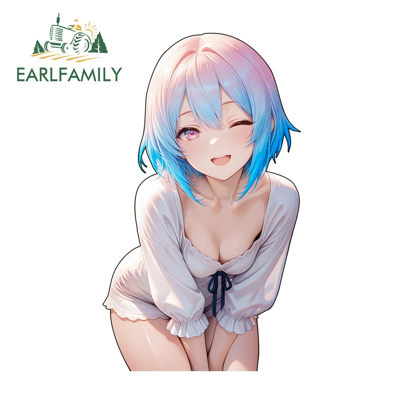 EARLFAMILY Blue Short Hair Anime Girl Car Stickers Mini Lovely Sunscreen Vinyl Decal Suitable for Storage Car Accessories
