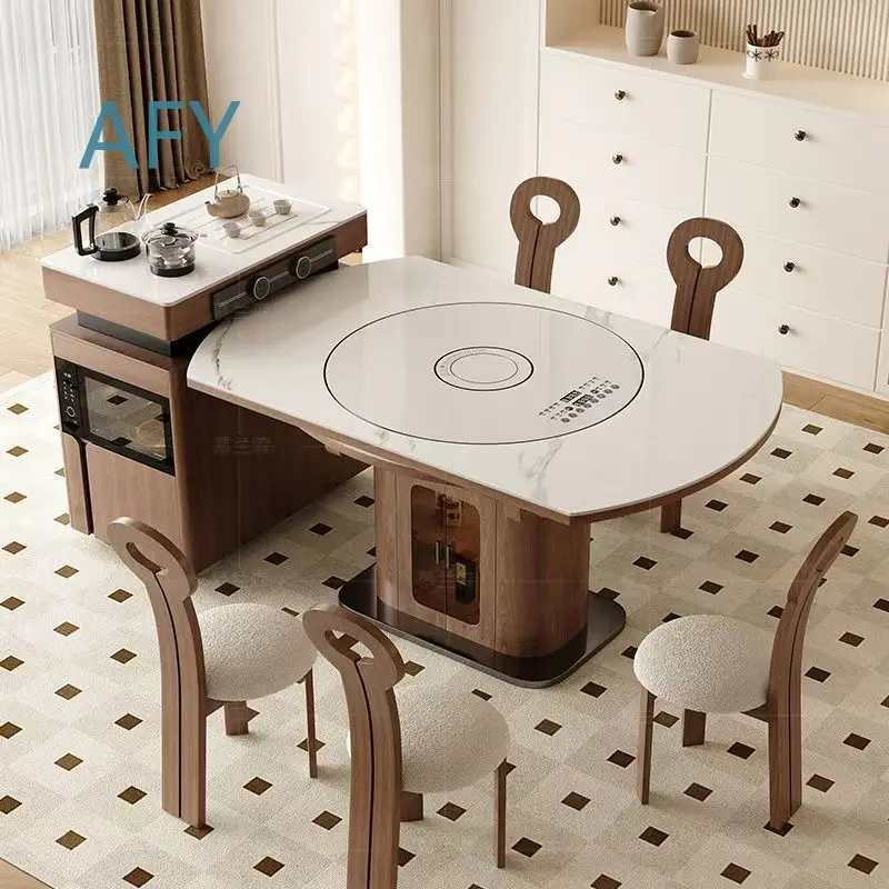 Dingyue New Chinese Style Island Counter Quartz Stone Tea Table Dining Table Set Luxury Warm Dish Induction Cooktop Rotating