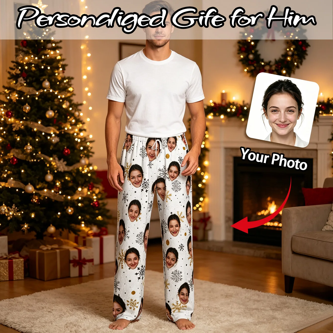 Customized Personalized Facial Photo Long Sleeved Warm Pajamas Sleeping Pants for Men And Women Fun Christmas Gift