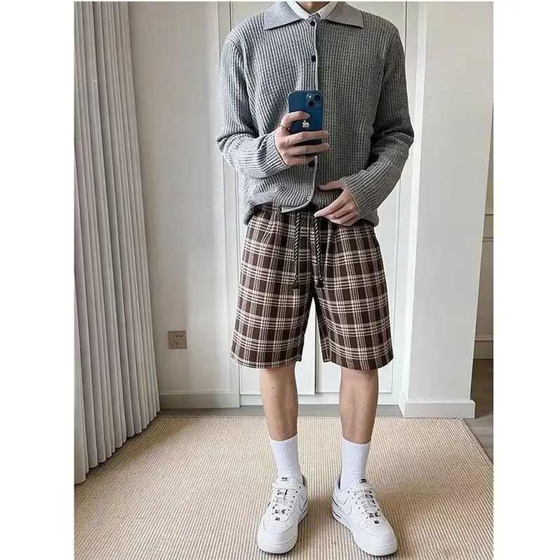 Men's Retro Grid Thin Shorts 90s Sporty Boys Straight Wide Leg Casual Bottom Summer Mini Pants Male Knee Length Trousers