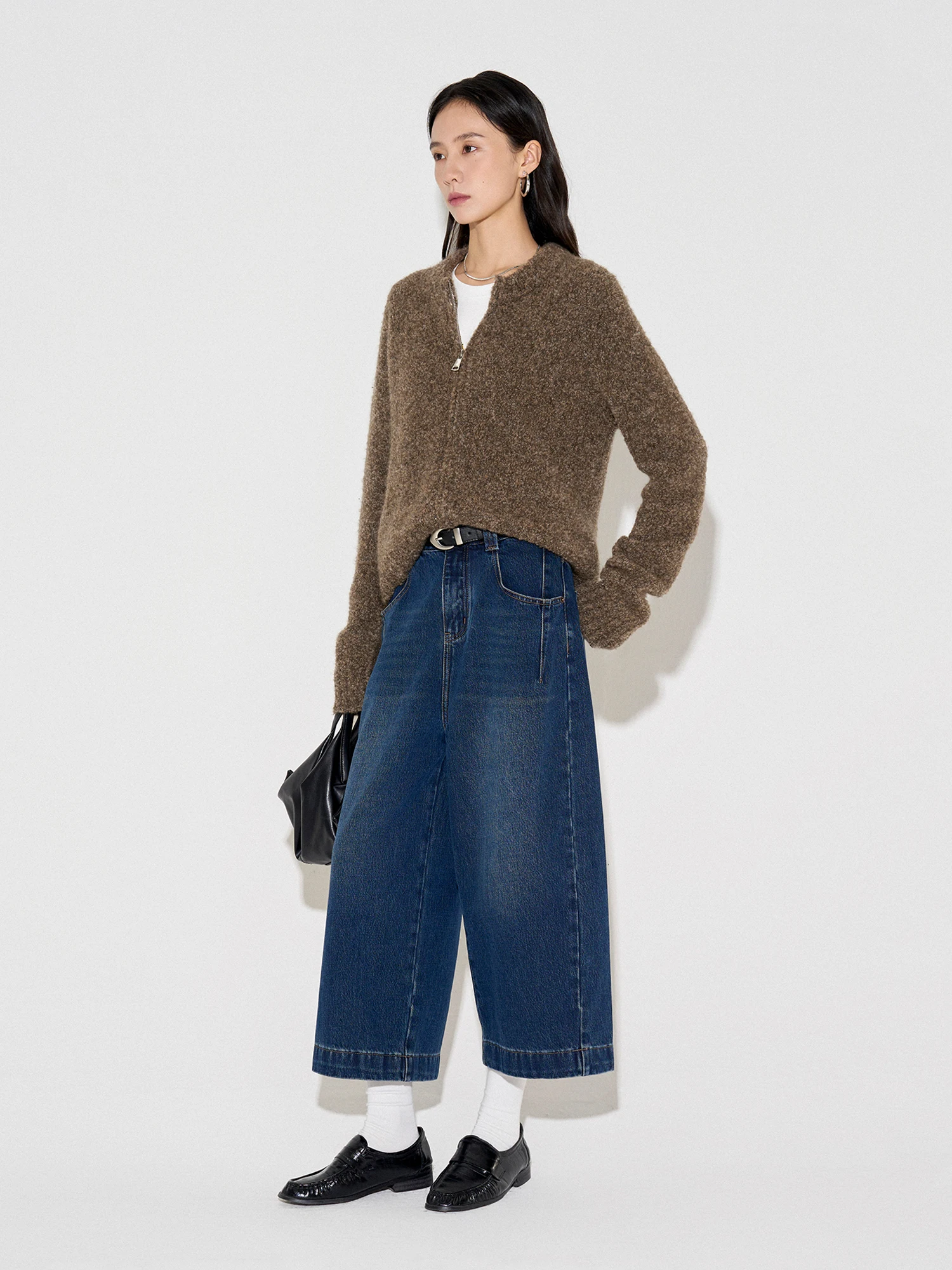 

Женские джинсы CLMX с широкими штанинами, длиной 7/8, из хлопковой смесовой ткани, осенние, для повседневной носки, с простым элегантным поясом