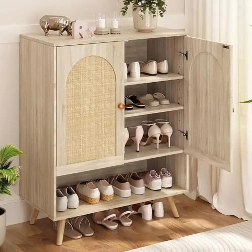 

4-Tier Shoe Storage Cabinet with Natural Rattan Doors Entryway Shoe Rack Organizer with Large Capacity Stylish Shoe Cabinet Home