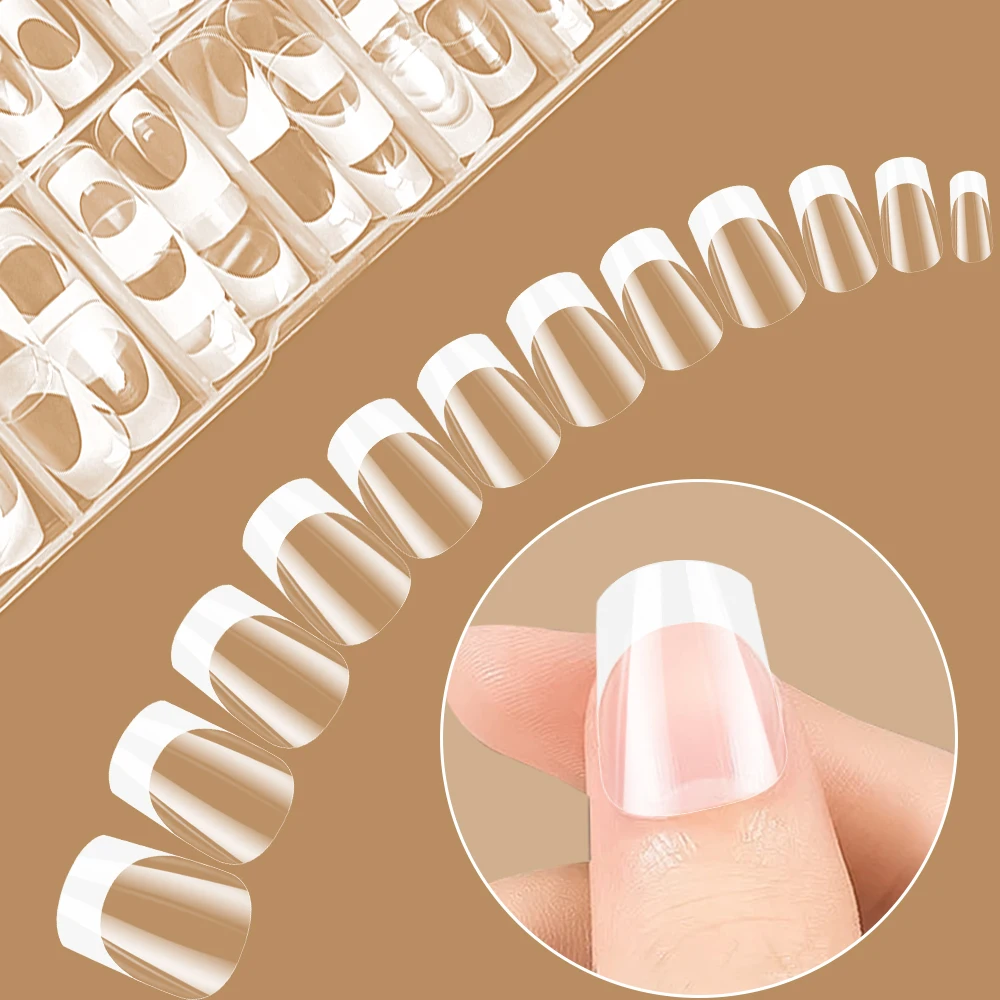 เล็บปลอมสีขาวแบบฝรั่งเศส 120 ชิ้น เล็บเจลใสแบบมินิมอล เล็บปลอมแบบกดติด ปิดเต็มเล็บ เล็บปลอมต่อเล็บ