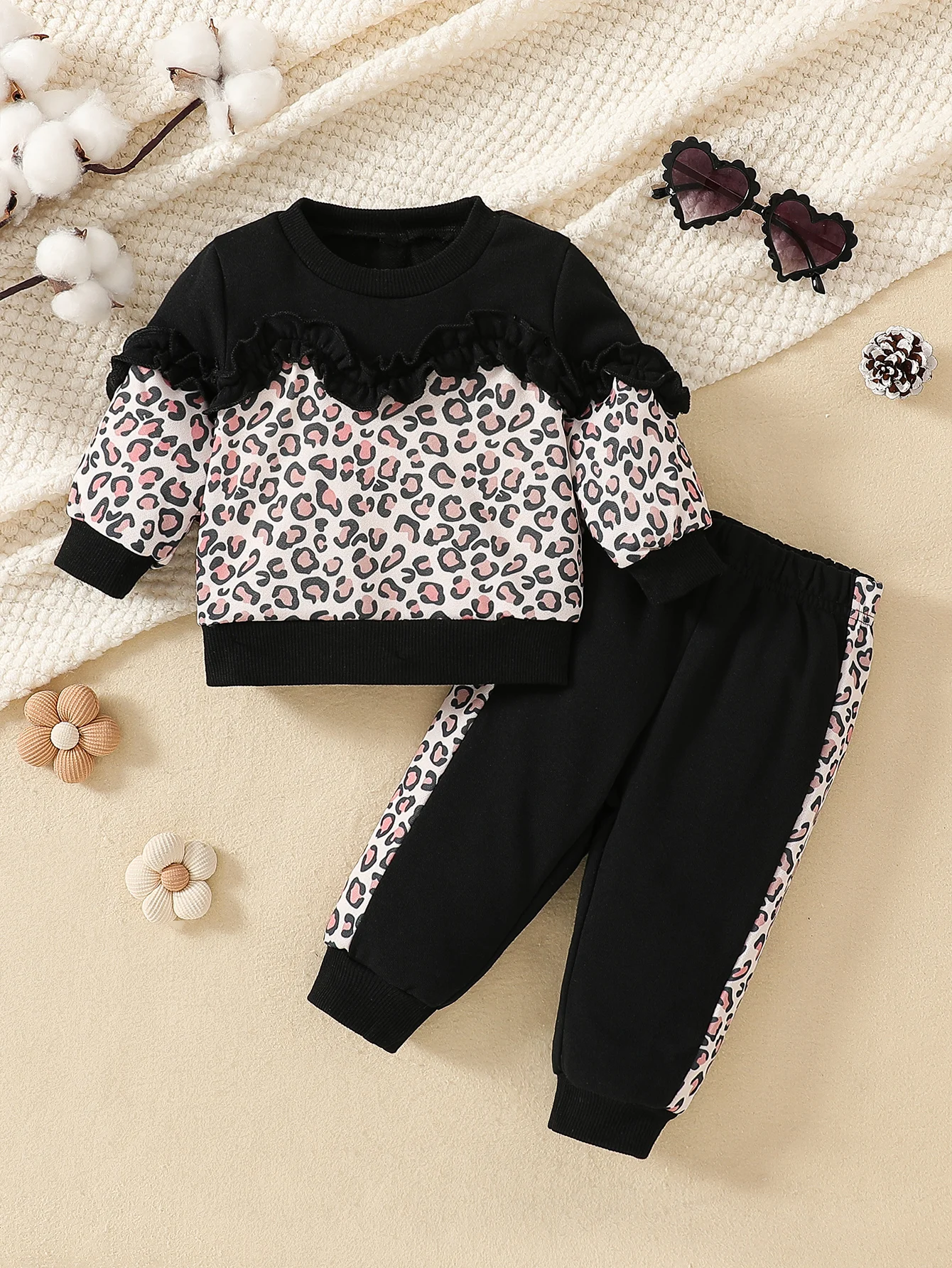 

Baby girl autumn outfit sweet cool style black powder leopard print splicing set with ruffle edge decoration for daily wear