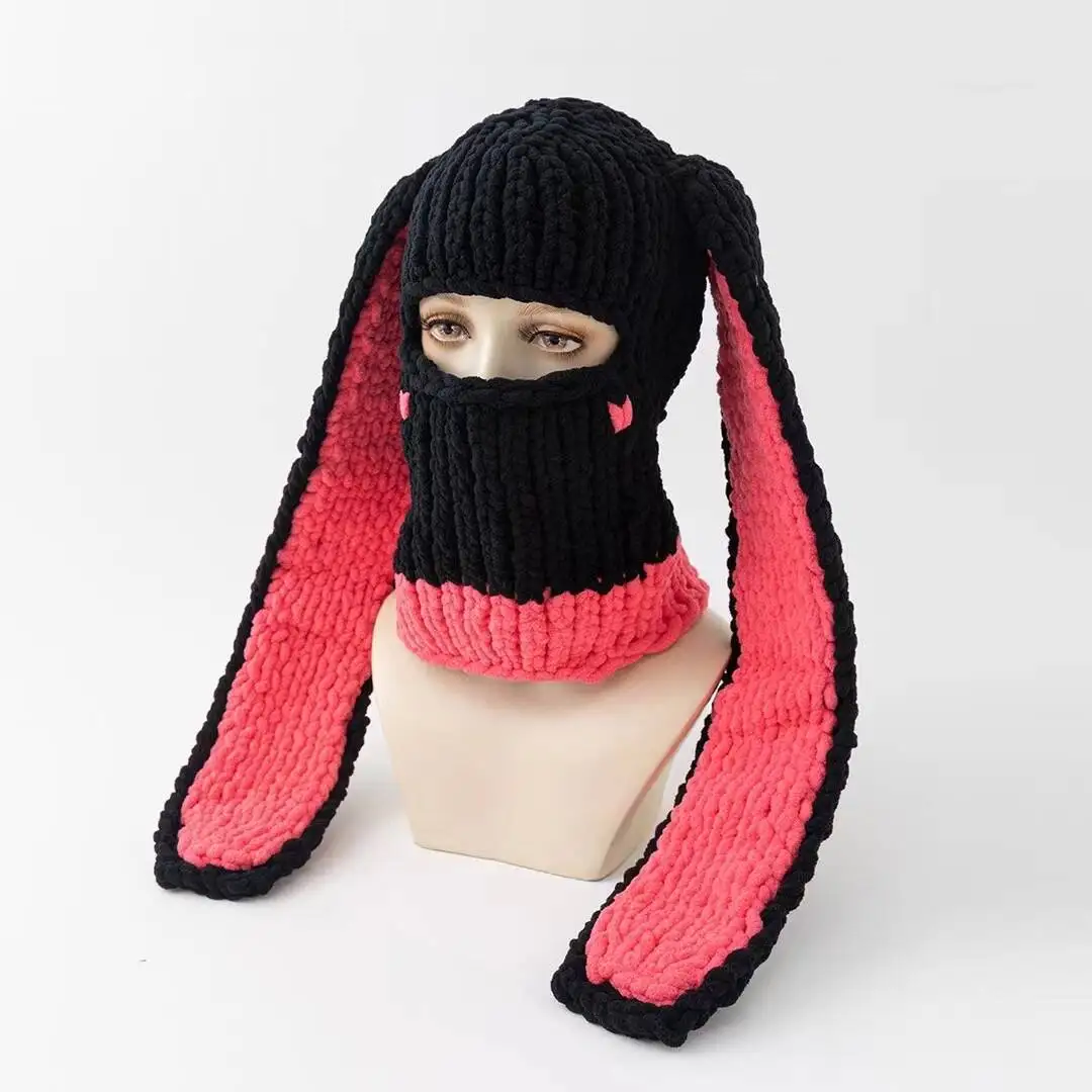 Y2k lange Hasen ohren Hut Winter handgemachte gestrickte lustige Mütze Kappe verdicken warme Voll gesicht Ski maske Abdeckung Sturmhaube für Party – Detail 10