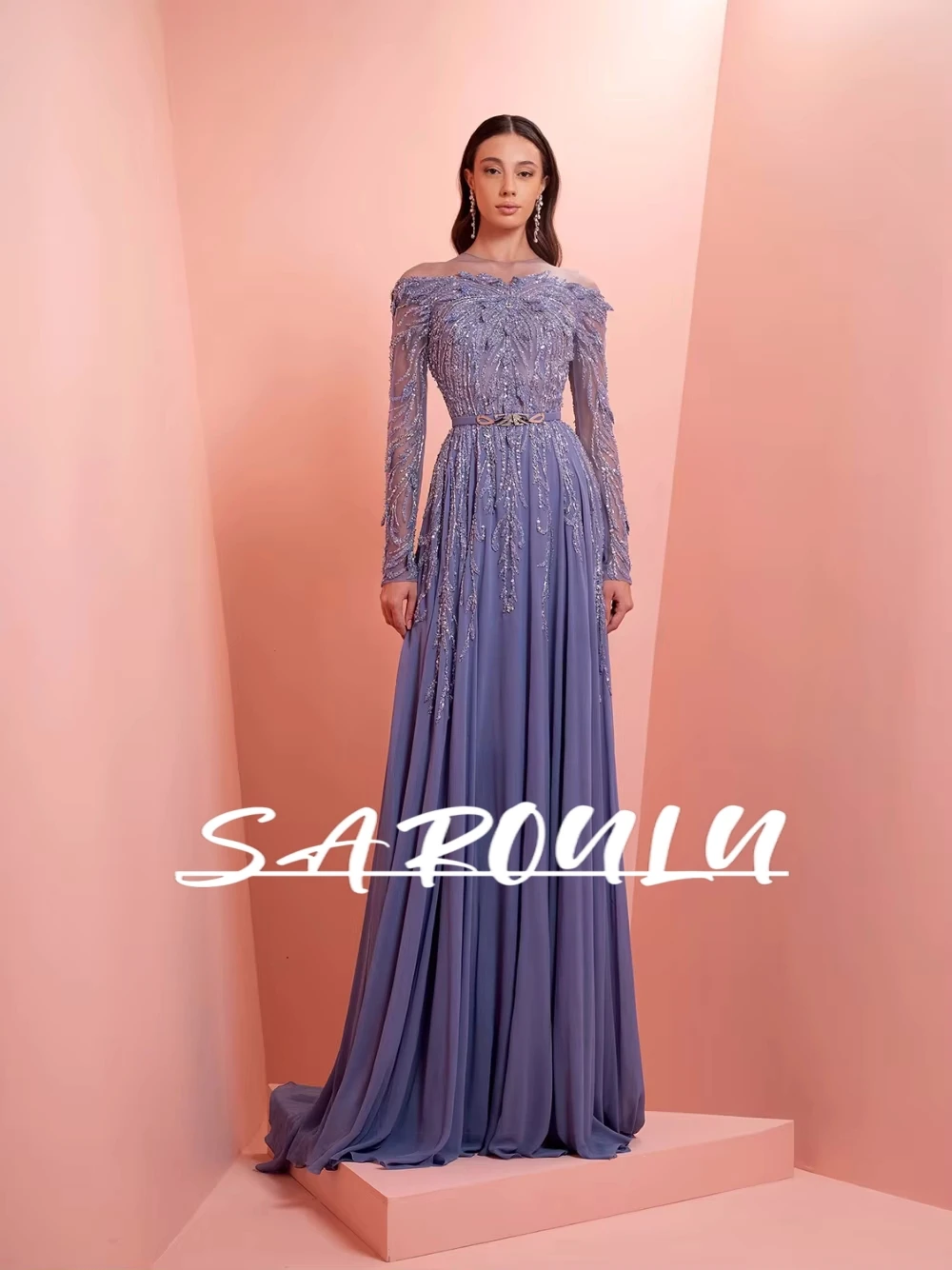 

Celebrity Floral A Line Soft Evening Dress Illusion Sleeves Dazzling Customized Birthday Party Women's Classy Prom Gown