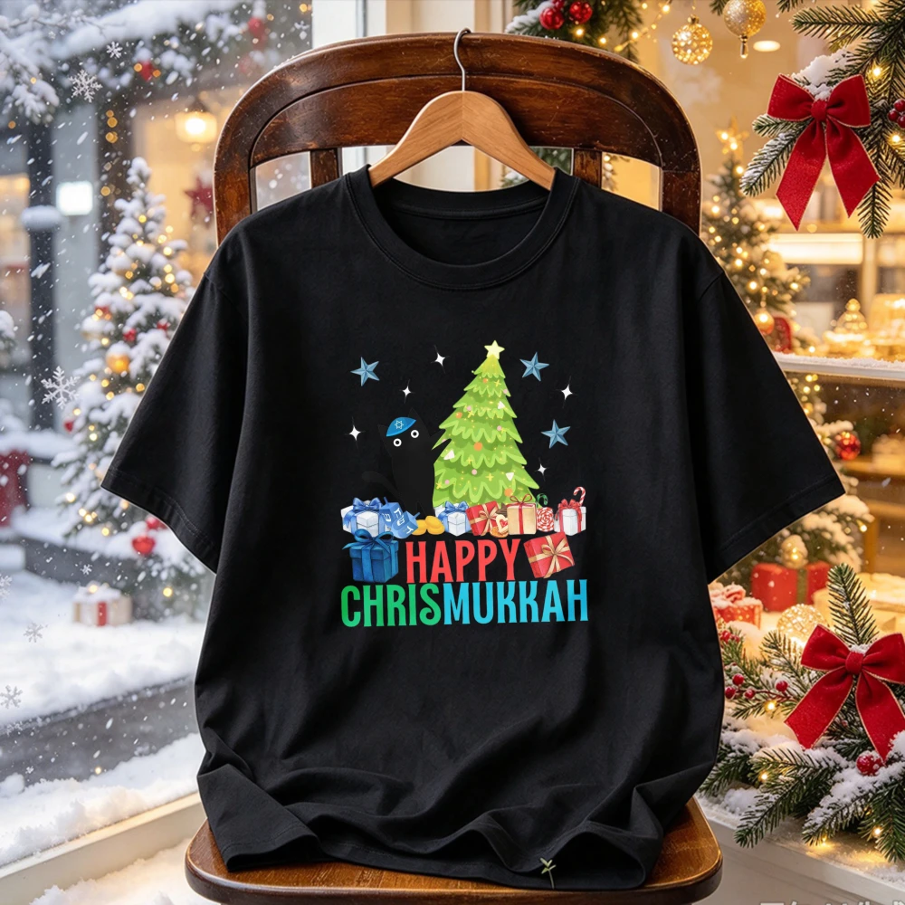 Happy Chrismukkah Black Cat Christmas Tree Gift Box Star Graphic Casual Top Funny Xmas Hanukkah Mixed Holiday Streetwear T-Shirt