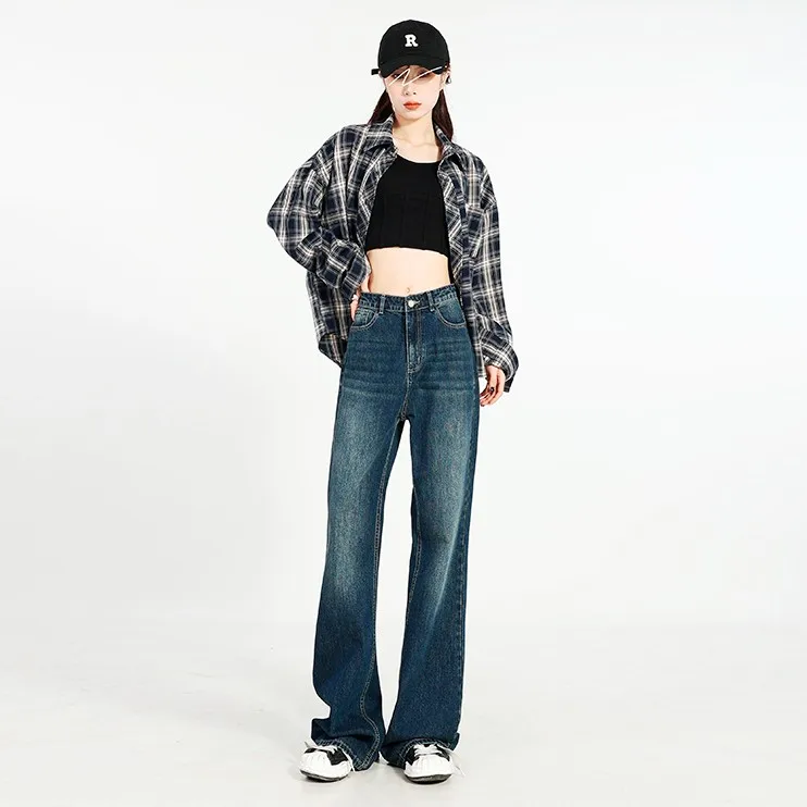 FINEWORDS Vintage Casual High Waist Wide Leg Jeans Women Loose Dark Blue Straight Jeans Korean Streetwear Full Length Denim Pant