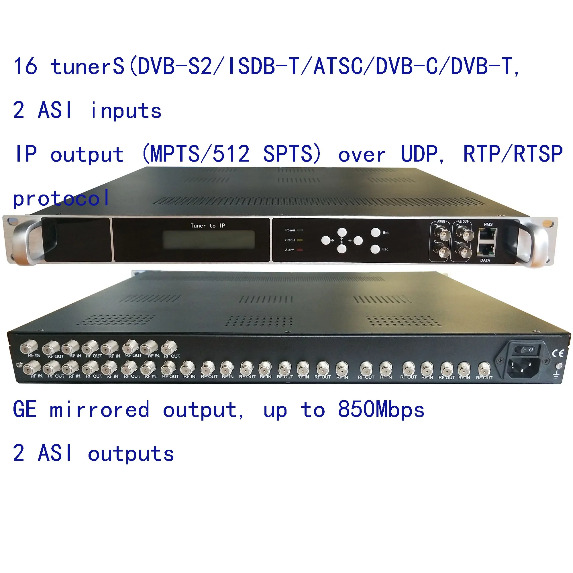 

16 DVB-S2 to IP/ASI encoder, ISDB-T to IP/ASI output, atsc to IP/ASI encoder,1080P Multi-Channel encoder, DVB-T/C to IP/ASI