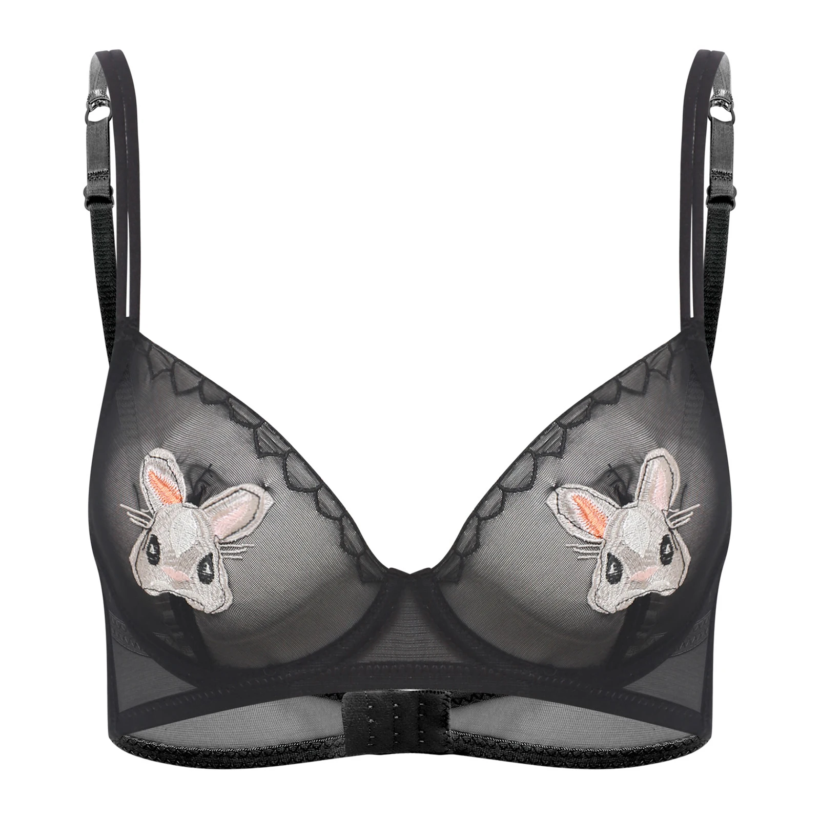 حمالة صدر نسائية بقماش شفاف 3/4 كوب من Underwire شفافة من خلال تطريز أرنب كرتوني حمالة صدر غير مبطنة ملابس داخلية علوية #3