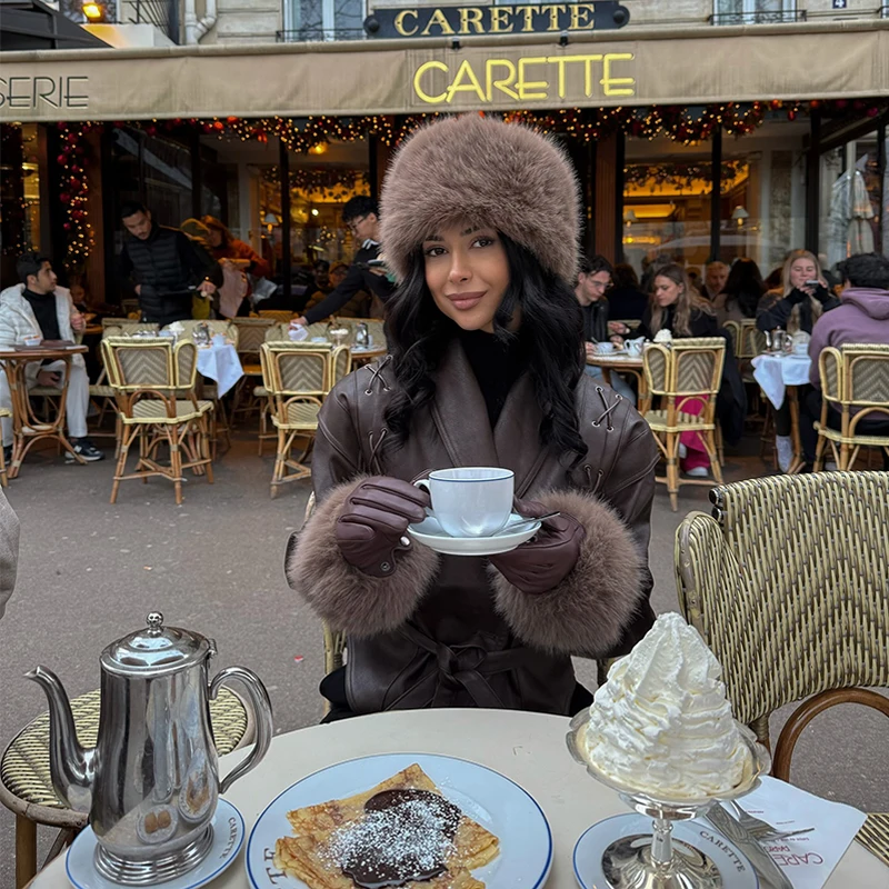 레이스업 여성 재킷 라펠 긴 소매 퍼리 커프스 숏 가죽 코트 가을 겨울 아우터웨어 2025 신상 패션 여성 재킷