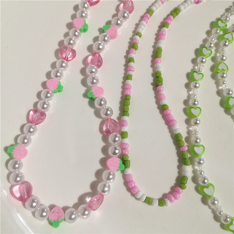 Korean Trendy Retro Cute Pink Green Pearl Peach Heart Necklace For Female Girl Party EMO Grunge Y2K Harajuku Jewelry Accessory
