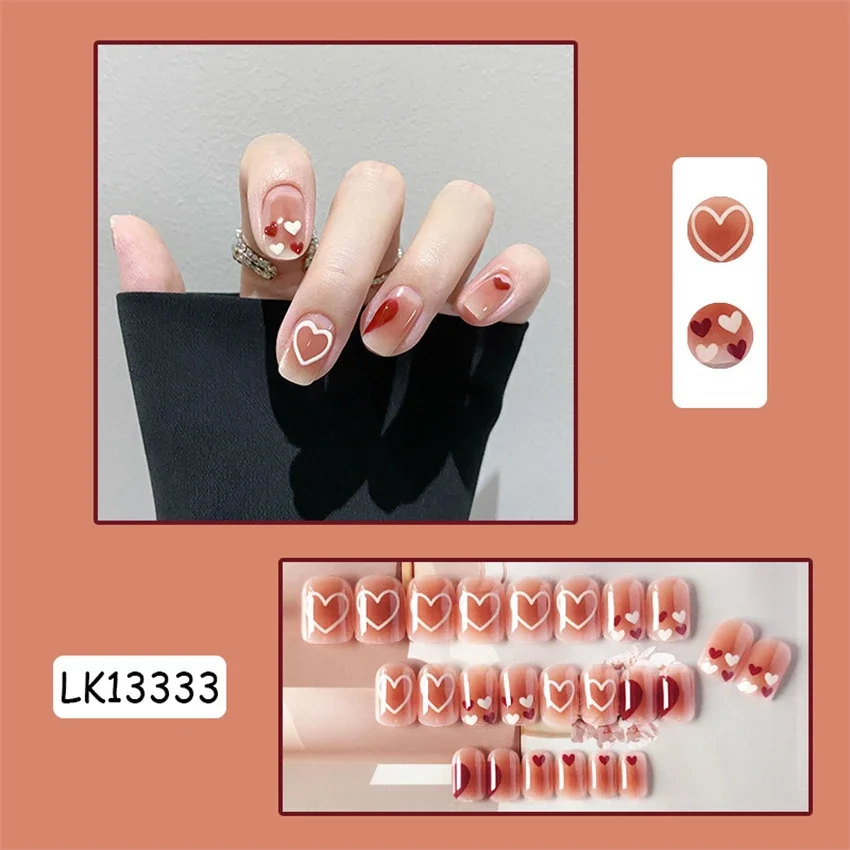 

24Ps/Set Cheerful Love Artificial Press on Nail Adhesive Acrylic Wearing False Nails French Blush Short Removable Fake Nail Tips