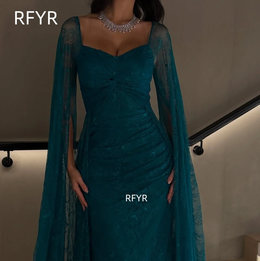 RFYR Teal Vestido de baile Vestido de noite com manga de capa e vestido de festa de renda para mulheres árabes فسات 