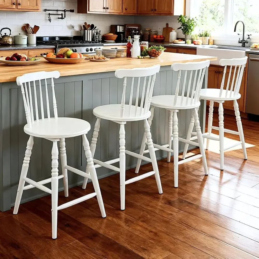 Set of 3 White Wooden Counter Height Bar Stools with Spindle Back and Turned Legs, Rustic Vintage Colonial Style for Kitchen Isl - view 6