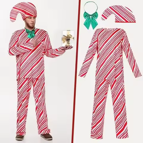 Funny Candy Cane Costume Cosplay Set For Men Women Adult Christmas Xmas Carnival Party Stage Performance Clothing