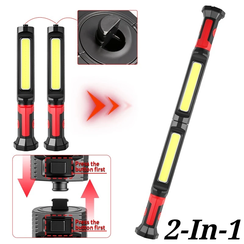 2-In-1 Double Festival Super Bright COB Work Light Magnetic Flashlight Rechargeable White Red Light 3 Modes Car Repair Lamp