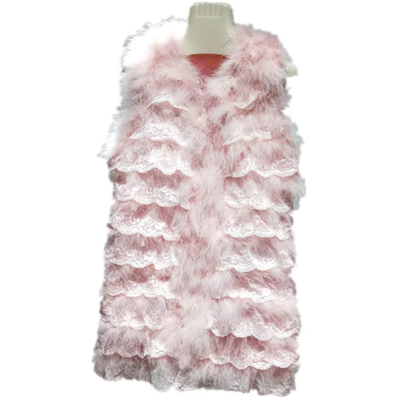 

New Real Ostrich Feather Vest with Lace Long Fluffy Turkey Feather Wasticoat for Women Winter Outdoor Clothing