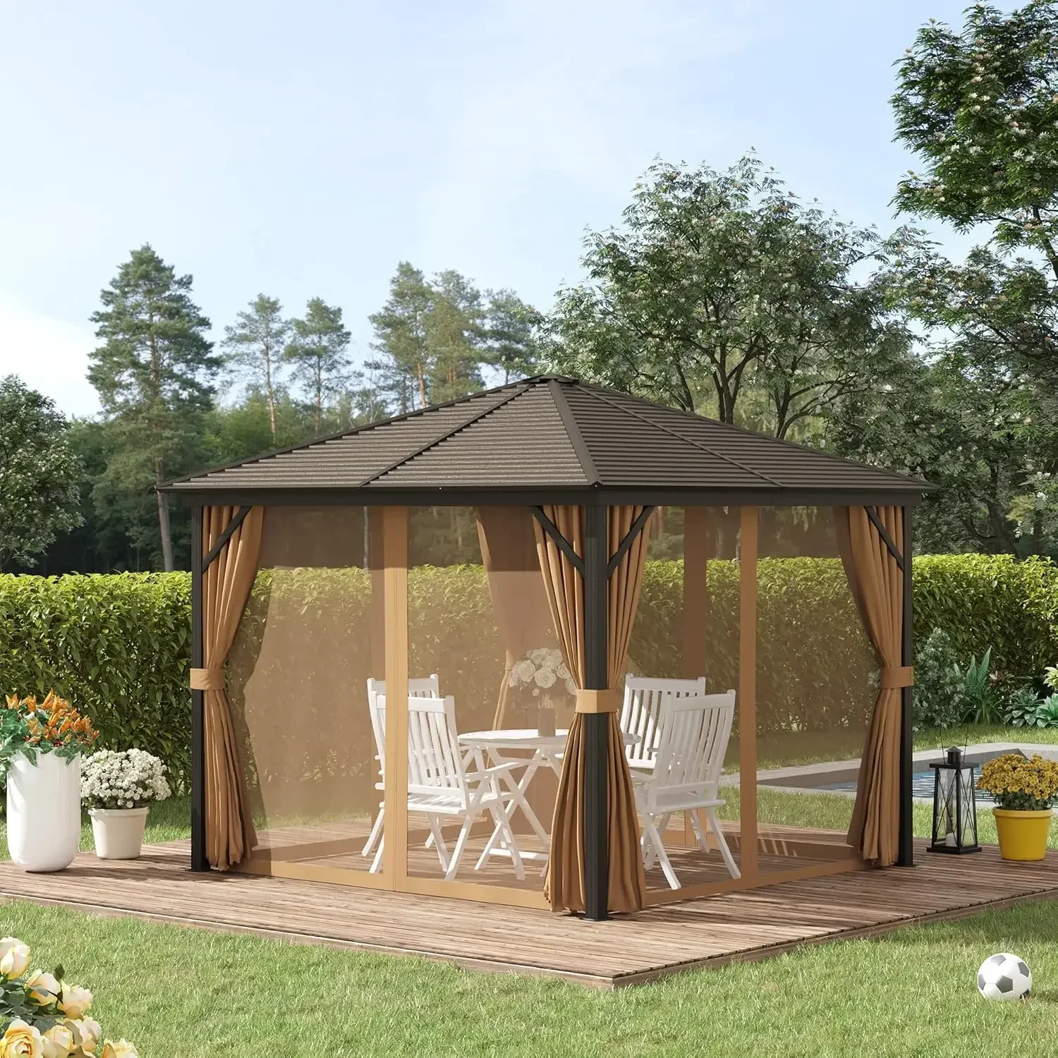 

Permanent Pavilion Metal Single Roof Gazebo Canopy with Aluminum Frame and Hooks, for Garden, Patio, Backyard, Light Brown