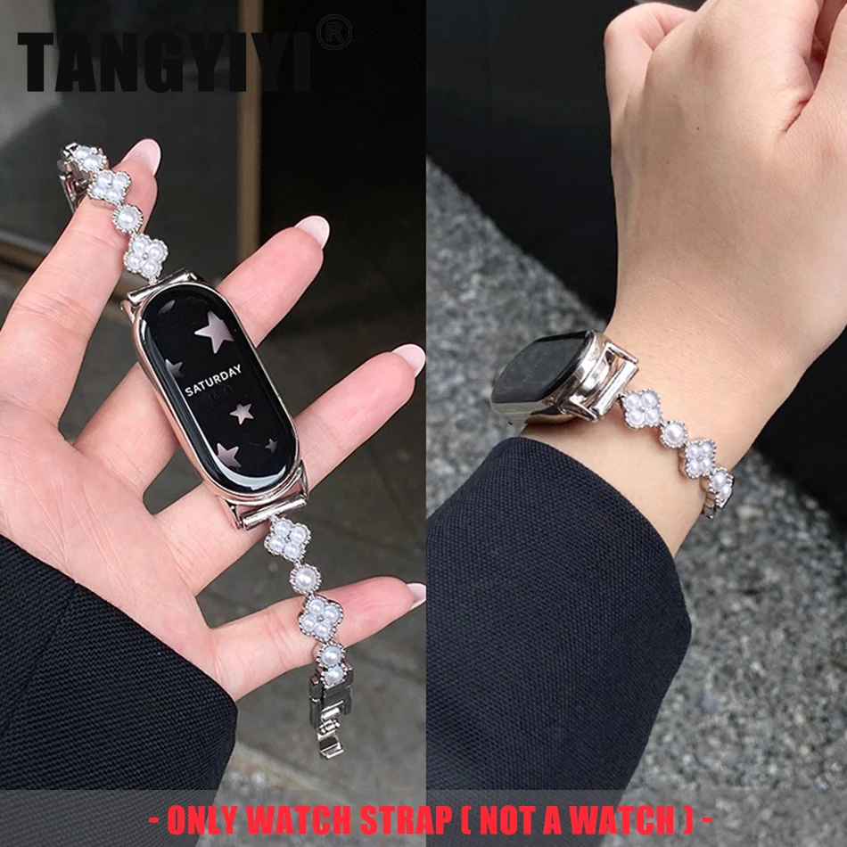 

Модный ремешок-браслет с цветком клевера для Xiaomi Mi Band 10 9 8 Miband 9Pro 8 Pro, роскошный браслет с жемчугом, металлическая цепочка для часов