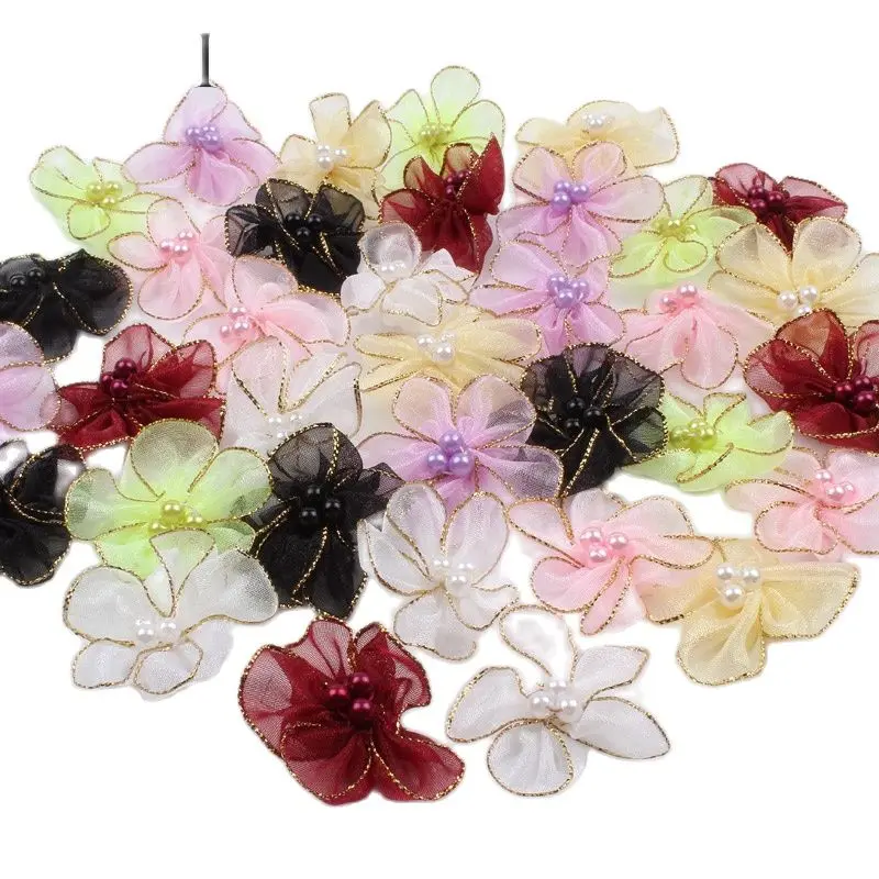 30pcs 4cm Handmade Organza Flower Head Silk Artificial Flower for Crown Jewelry Dress Headwear Wedding Home Decoration DIY rose