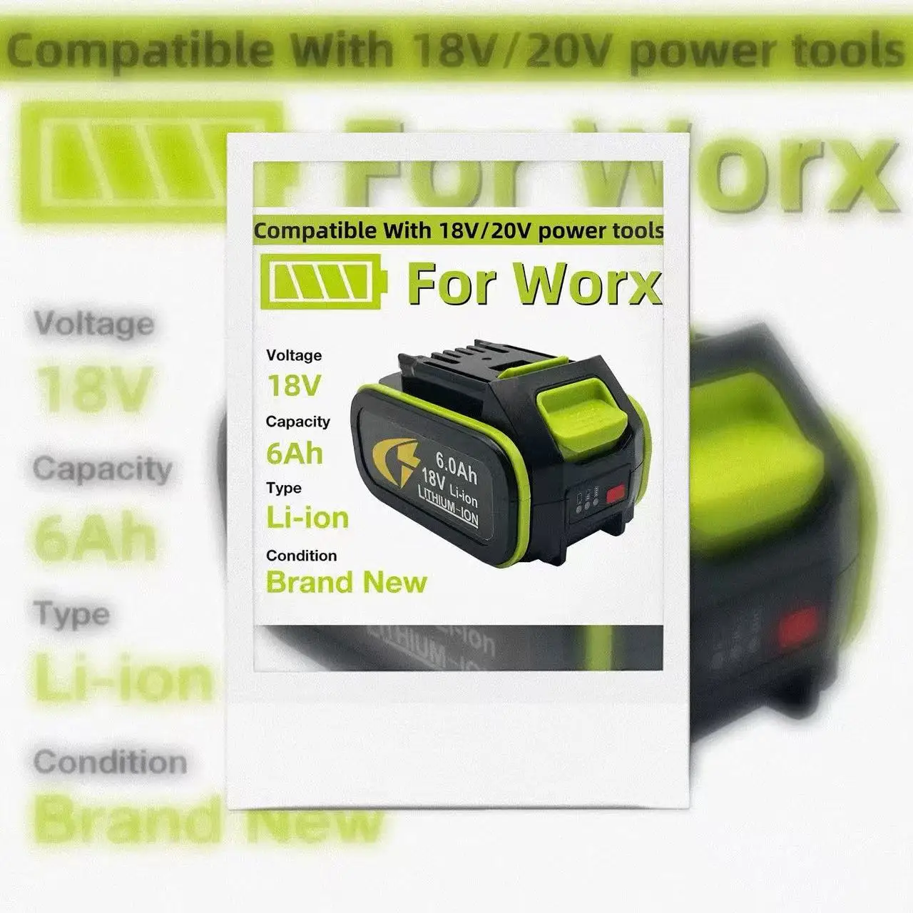 

For worx 18V 6.0Ah Batteria Universale Piattaforma Verde Adatto per WU386 WU388 WU279 WU182 WU380SWU808 Serie Utensili Elettrici