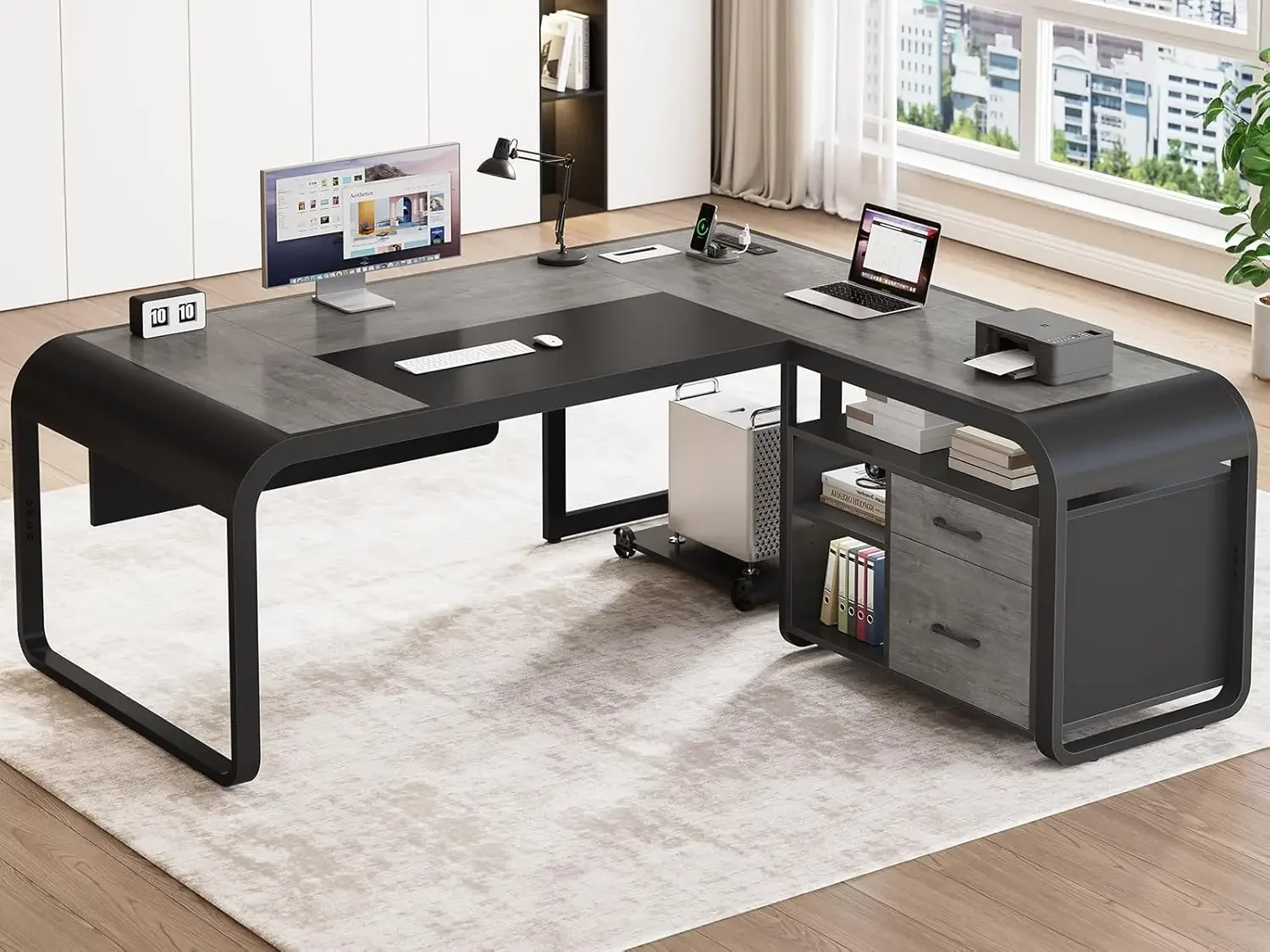 63 Inch Executive Desk, L Shaped Desk with Drawers, Large Office Desk with File Drawer, Computer Desk with Mobile CPU Stand