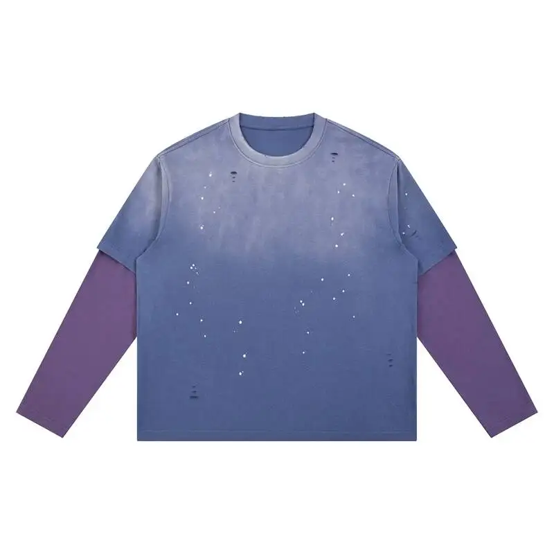 Distressed Cotton Vintage Long Sleeve Tee For Men Splatter Print Fake Two Piece Ripped Drop Shoulder Casual T-shirt WATH