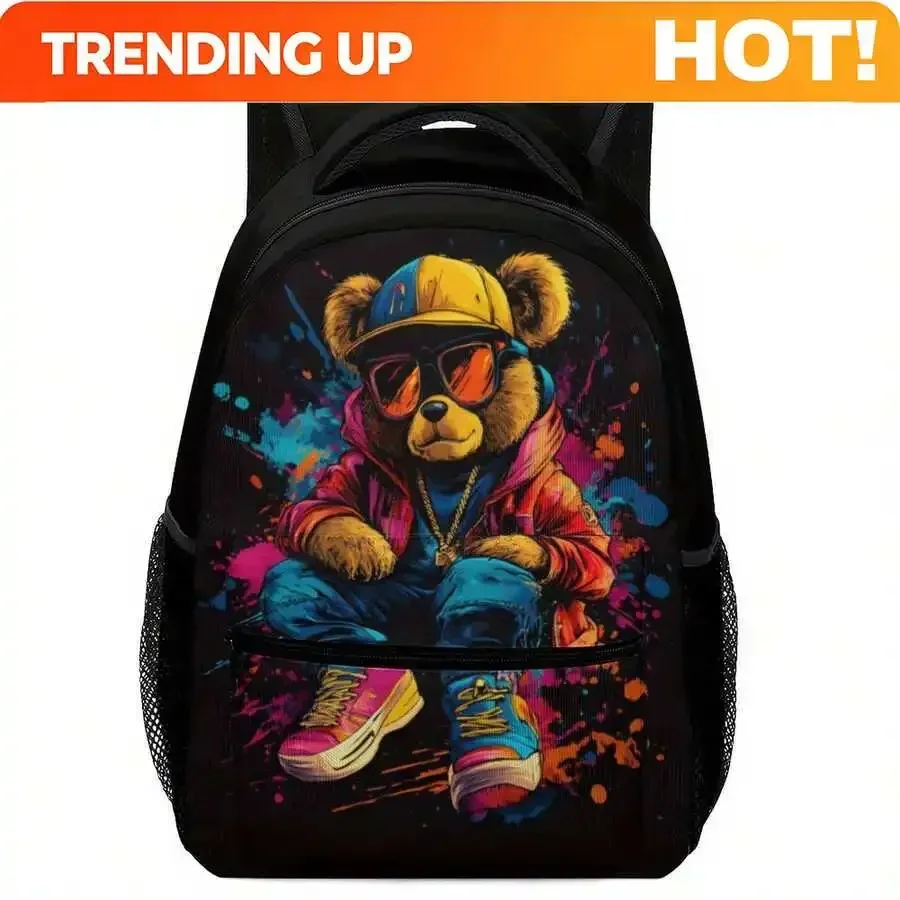 Custom Bag Hip Hop Bear Fashion Print Backpack, Lightweight & Durable Fabric, Adjustable Shoulder Straps & Zipper Closure, Large
