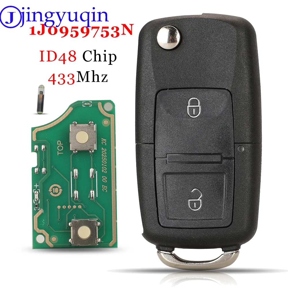 Jingyuqin 1J0959753N 433Mhz ID48 2-Tasten-Fernbedienung Autoschlüssel für VOLKSWAGEN VW Beetle Bora Golf SEAT Toledo SKODA Octavia Auto Klappschlüssel