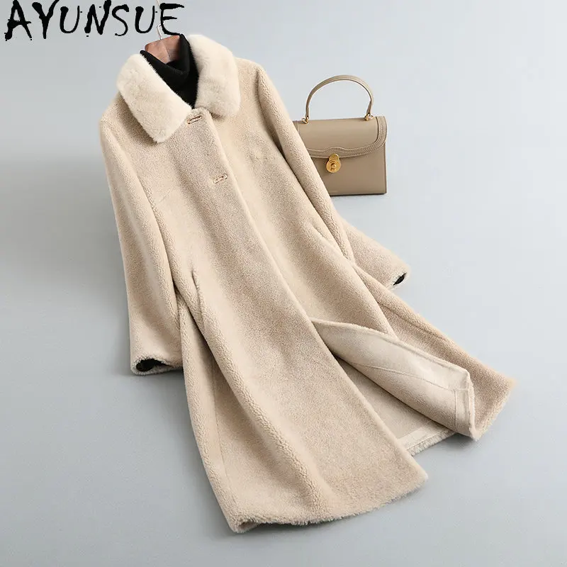 

AYUNSUE New 2023 Winter 100% Wool Coat Women Fur Coats Elegant Mink Fur Collar Wool Jackets Women Jackets Manteau Femme Hiver