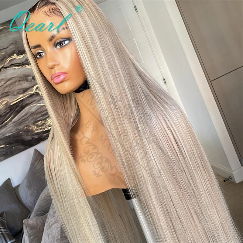 

Straight Lace Frontal Human Hair Wig Sale for Women Ash Blonde Light Grey Highlights Full Lace Wigs Pre Plucked Baby Hairs Qearl