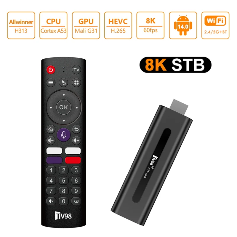 TV98 ATV Stick Android 14 Allwinner H618 Quad Core Voice Remote Support 8K Video 4K Wifi 6 BT5.0 2GB 64GB Smart TV Stick