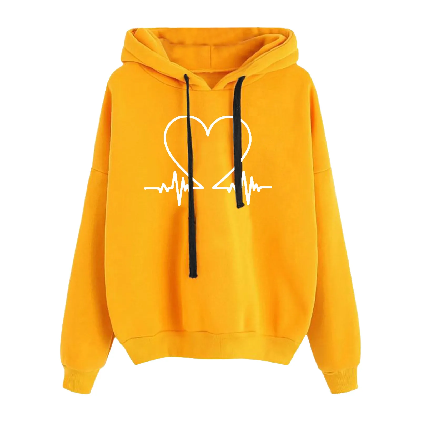 Women's Heart-shaped Printed Hooded Sweatshirts Loose Long Sleeve Drawstring Hoodie Fashionable Casual Pullover Blouses