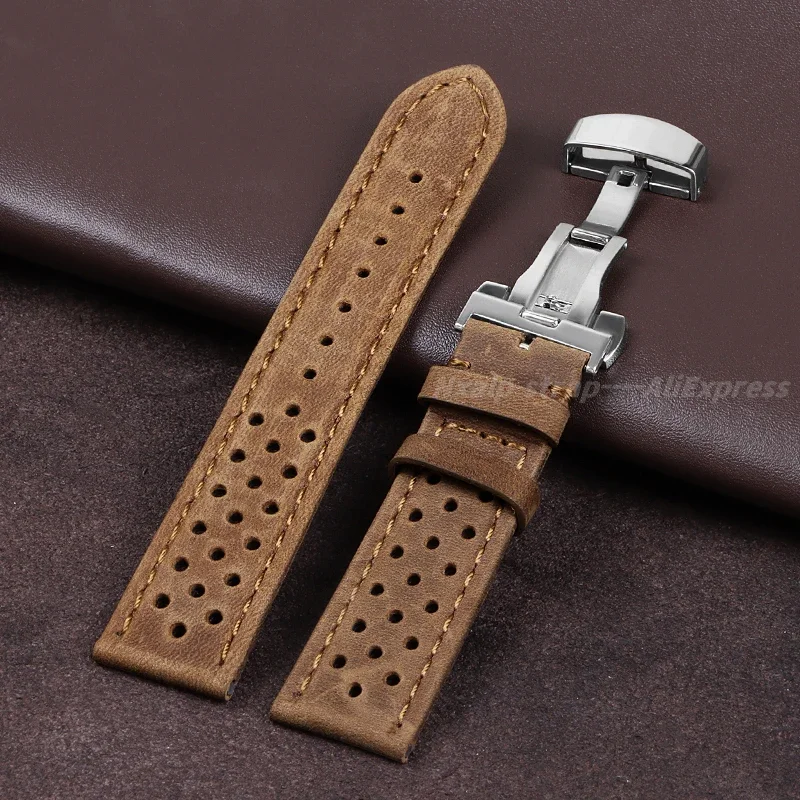 Vintage Cowhide Watchband 18mm 20mm 22mm Breathable Matte&Oil Leather Watch Strap Butterfly Buckle Men Women Universal Bracelet