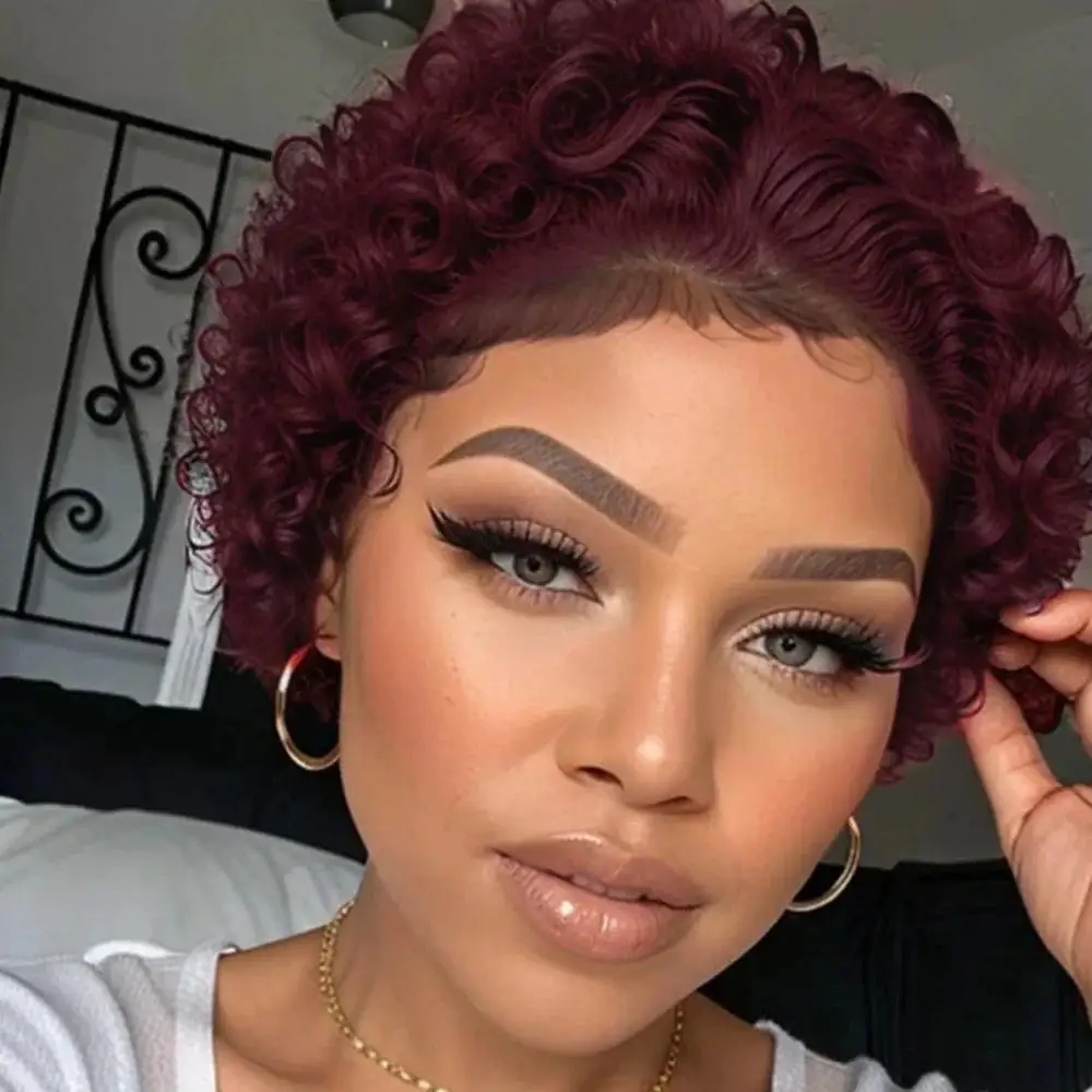 350/deep99j/natural black/1b27 color 150% density 13×1 lace remy wigs for women short curly human hair wigs 6inch pixie cut wig