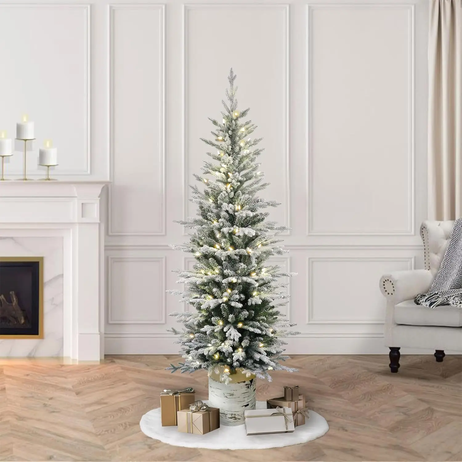 Pre-Lit Snow Flocked Potted Arctic Fir Artificial Christmas Tree, 230 Warm White LED Lights, 1943 Branch Tips, Green