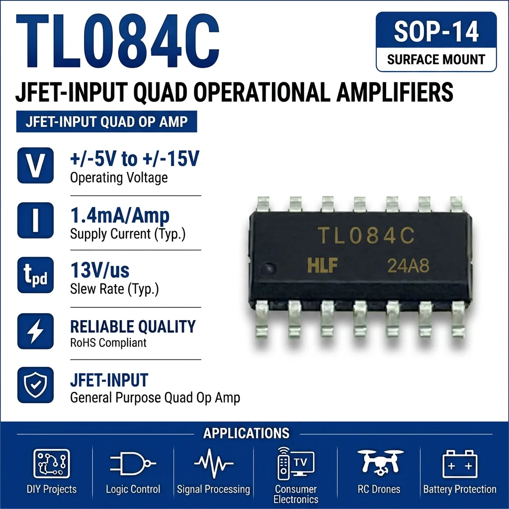 (25 pcs) TL084CN DIP-14 / TL084CDR SOP-14 TL084 Quad JFET Operational Amplifier