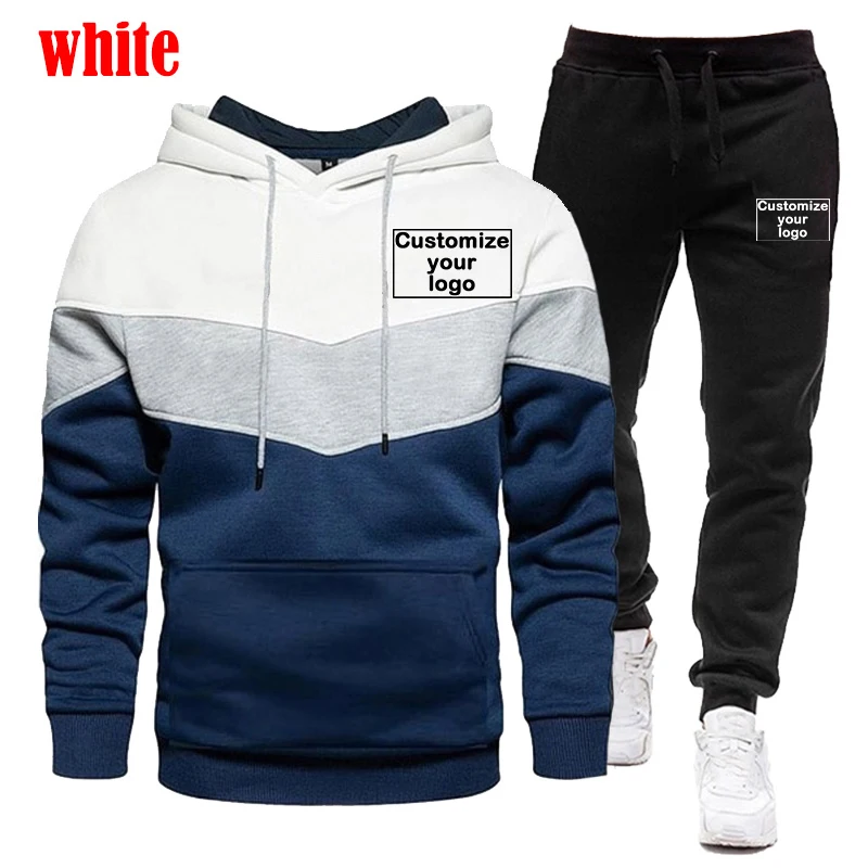 2024 Set sportivo da uomo personalizzato il tuo Logo felpa con cappuccio tricolore Set da 2 pezzi con felpa con cappuccio + pantaloni della tuta Set da Jogging