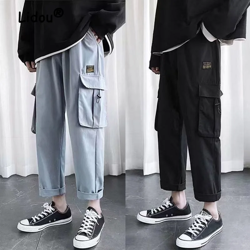 

Handsome Solid Color Stickers Multiple Pockets Cargo Pants Man Classic Loose Casual All-match Male Straight Cylinder Trousers