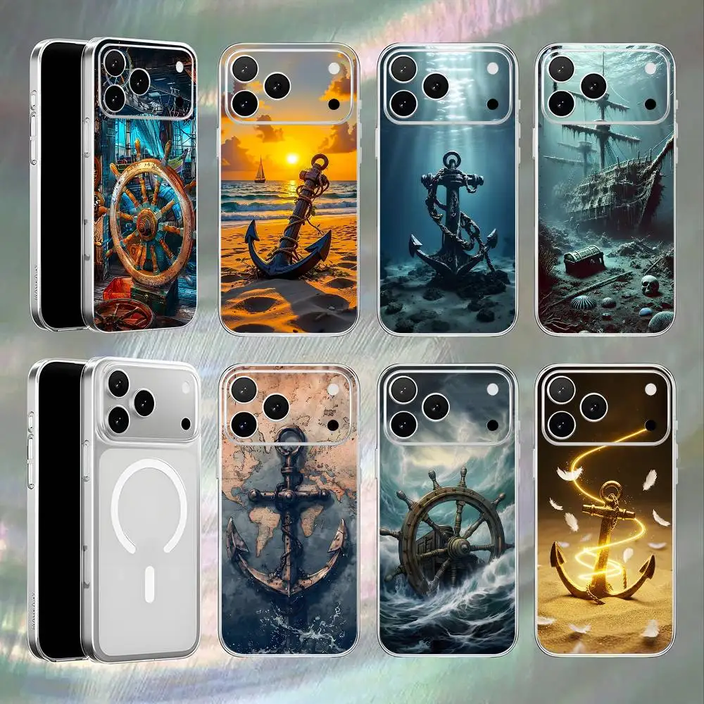 

Anchor Boat Ship Wheel Transparent White Phone Case For iPhone 17,16,15,14,13,12,11,Pro,Max,Plus Magnetic Wireless Charging
