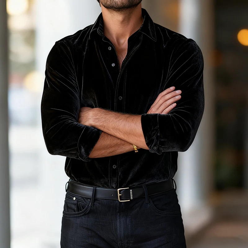 خمر رجل المخملية قميص بلايز الخريف الشتاء الأعمال عادية بلون قمصان الرجال الملابس الكلاسيكية زر متابعة التلبيب بالأزرار #5