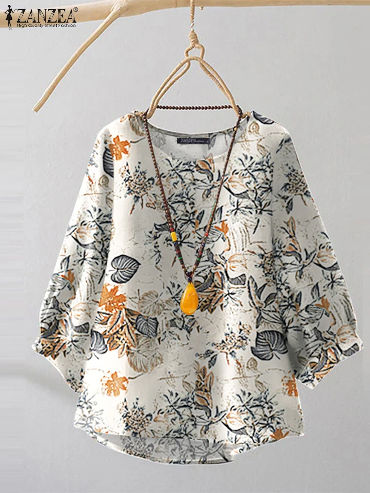 ZANZEA Women\'s Bohemian Floral Blouse Vintage 3/4 Sleeve Tops Casual Loose Fit Cotton Shirt 2025 Spring Lightweight Tunic Tops