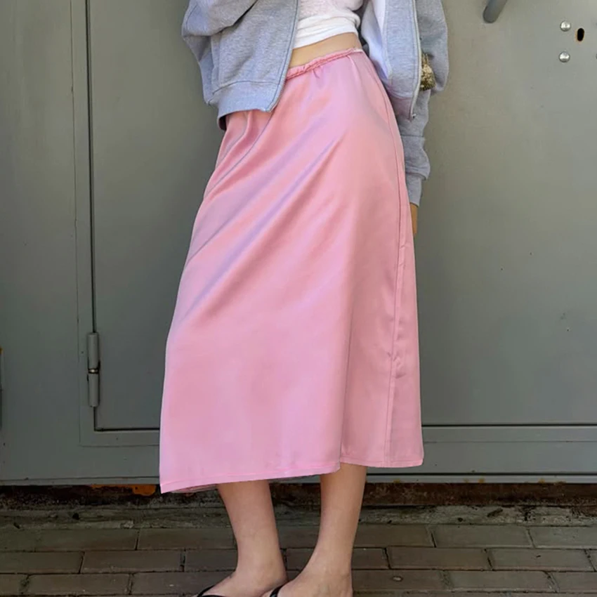 Pink Casual Woven Inelastic Woman Long Skirt Solid Imitation Acetate Satin Mid-Calf Skirt Elastic Waist Back Slit A-Line Bottom