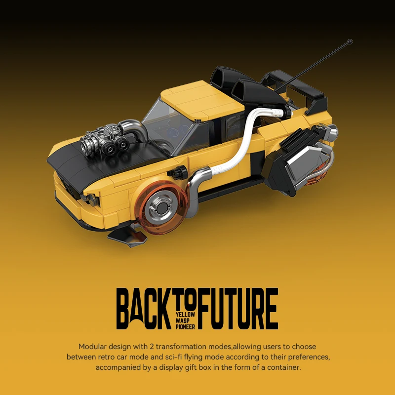 1:24 Scale Back to the Future Series - Yellow Lightning Sports Car, 2-in-1 Transformation Modes DIY Assembly Model Kit, Birthday
