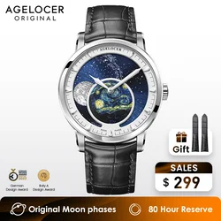 AGELOCER Original Astronomer Watch Van Gogh Oil Painting Men Luxury Automatic Mechanical Moon Phase Watch Birthday Gift for Men